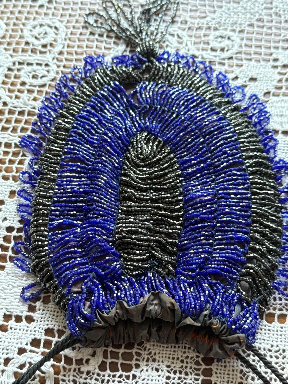VTG 1920s Art Deco MicroBeaded Drawstring Pouch Blue Flapper Purse Downton Abbey